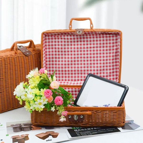 Piknikkurv Imitert Rattan Retro Vevd Koffert Håndvevd Fotografering Rekvisitter Oppbevaring Dekorasjon Hvit