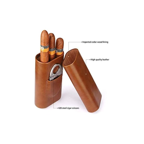 Högkvalitativ 3-fingers cigarrhumidor i brunt läder fodrad med cederträ - silver cigarrklippare (brun),