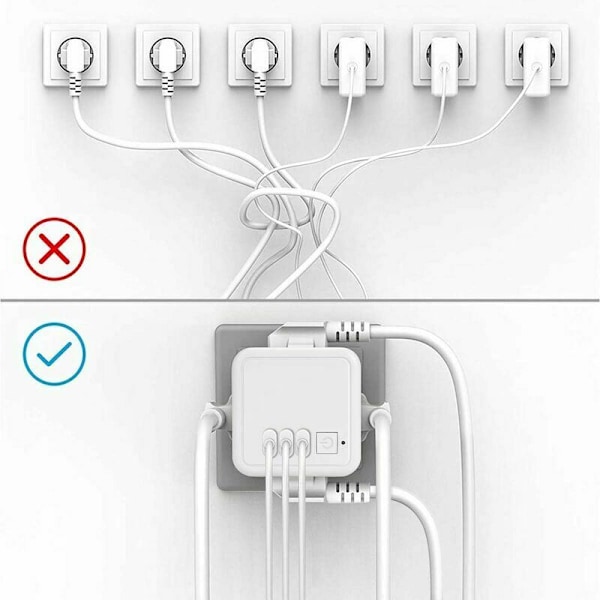 Kubevegg Strømbryter med 4 Uttak og 3 USB-porter, 7-i-1 USB Strømbryter med Bryter for Hjem, Kontor