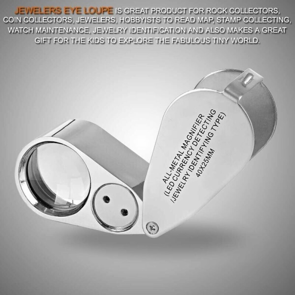 40x Metal Smykke Lup 25MM Optisk Linse Penge Detektor Lampe til Identifikation af Sedler Antik Kalligrafi og Maleri
