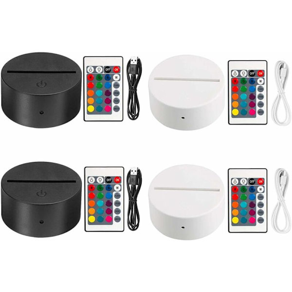 4x 3D natt LED lampebase + fjernkontroll + USB-kabel Justerbar 7 farger Dekorative lys (2x svart 2x hvit)