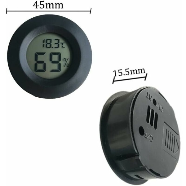 Mini 4,5 cm sort digitalt hygrometer termometer, LCD digitalt display indendørs udendørs bærbar rund termometer batterier inkluderet, til babyværelse hjem