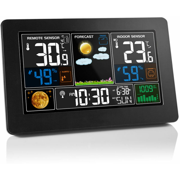 Termometer Väderstation Digital Vägg Bordsurväckarklocka Inomhus Utomhus Temperatur Luftfuktighet Barometer Trådlös Fjärrsensor Svart