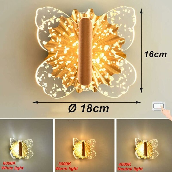 LED 8W Butterfly Vegglampe Dimbar Barnerom Vegglampe Gutt Jente Soverom Sengelampe Akryl Innendørs Veggbelysning Nattelys Gull Trappe