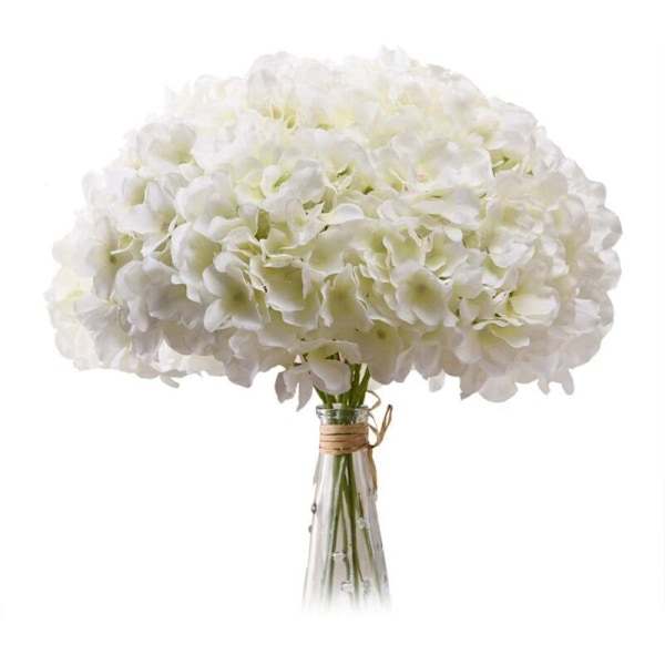 20 Komplette Kunstige Melkehvite Hortensia Silkeblomsterhoder Bukett med Stilker for Bryllup