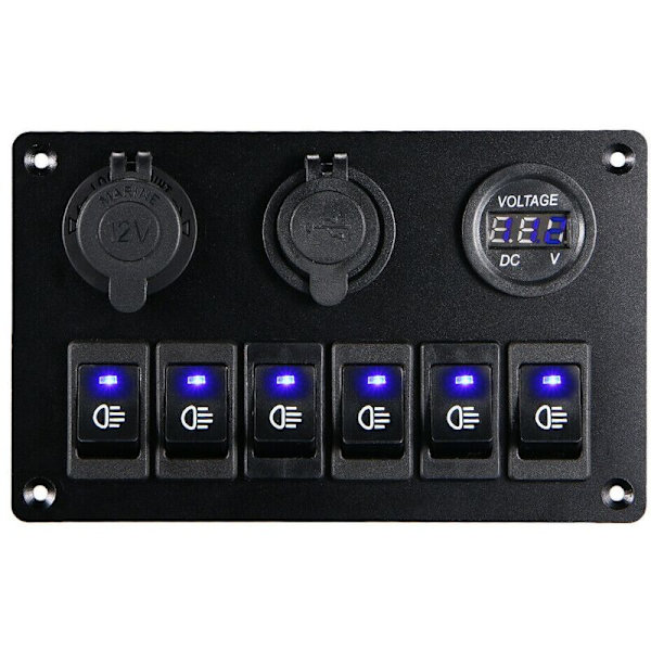6-veis bryterpanel med 12V-24V LED digital voltmeter, dobbel USB-lader, pluss-kontakt for Rv Truck Boat Suv