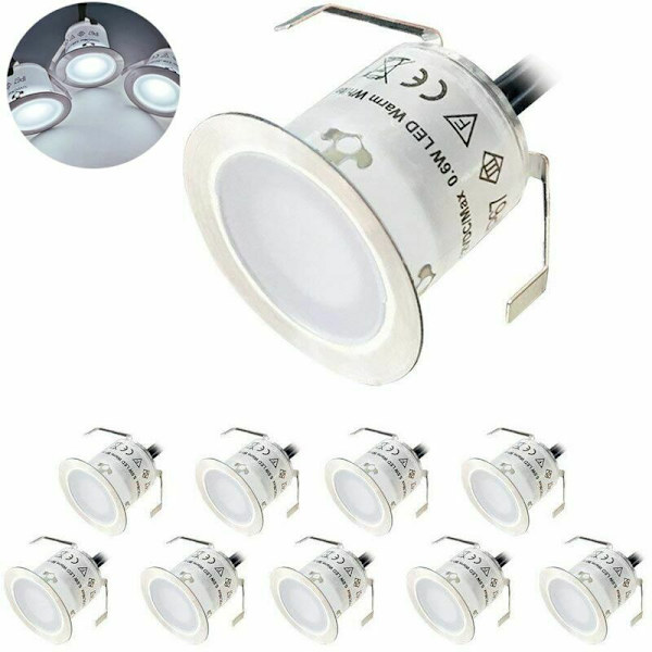 - 10 kpl Mini Ulko-Uppoasennettavat LED-Spotit - IP67 Vedenkestävä - Päivänvalkoinen Valo 4500K - Lattiavalaisin 32MM 0.6W DC12V