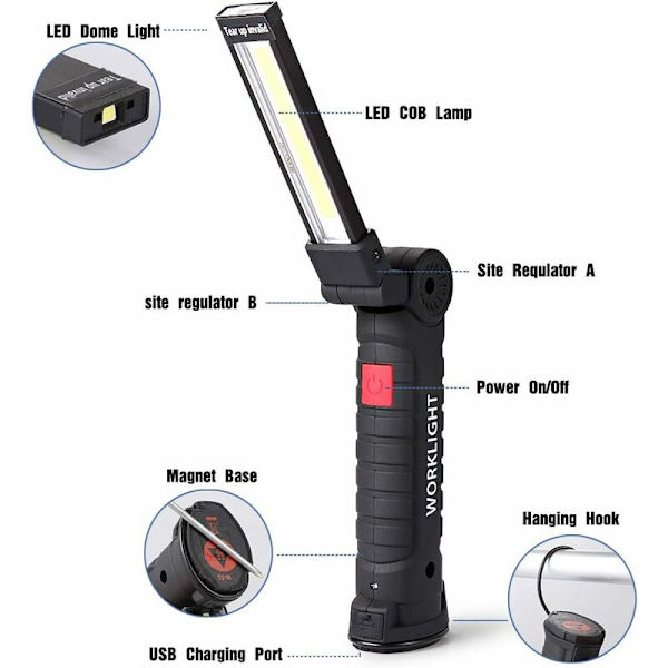 LED Arbetslampa LED Arbetslampa Ficklampa LED Verkstadlampa Uppladdningsbar LED Inspektionslampa Ficklampa Magnetisk Bas 5 Lägen för Garage, Camping, Nödsituationer