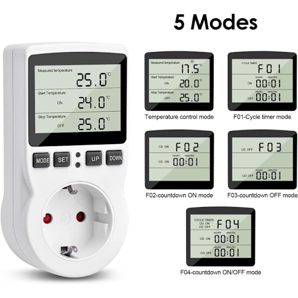 230V Temperaturregulator Stikkontakt med Sensor Digital Termostat Stikkontakt LCD Display Temperaturkontakt med Timer Velegnet til Køleskab Opvarmning