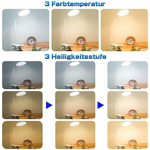 Latautuva Langaton LED-Työpöytälamppu, 3 Väriä ja 3 Himmennettävää, USB-Kosketus Yöpöytälamppu Leukojen kanssa Lapsille, 20 LED:tä Joustava 360° Kannettava Kiinnitettävä Lukemiseen