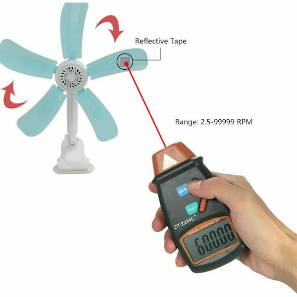 Laser lomme digitalt turteller berøringsfri turteller rekkevidde 2.5RPM-99.999RPM LCD-skjerm med 3 stk reflekterende stripe