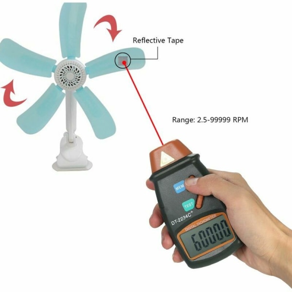 Laser-taskumittari Digitaalinen kosketukseton kierroslukumittari Alue 2,5RPM-99,999RPM Nestekidenäyttö 3 kpl heijastavaa nauhaa