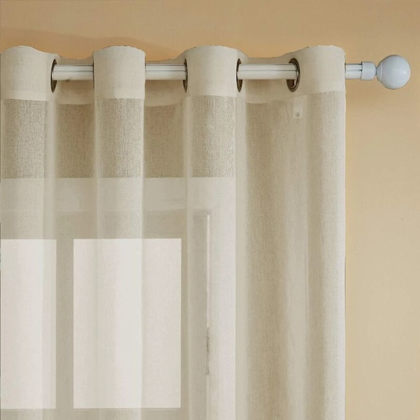 Sett med 2 Khaki Gjennomsiktige Gardiner i Lin-Effekt - Øyebøyle Gardiner Soverom Dekorasjon Halvtransparent for Stue Kjøkken Gardin 140x180cm(Bredde x Høyde)