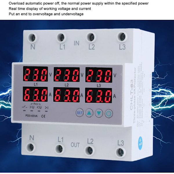 Trefas DIN-skena Voltmeter, AC 390-500V Trefas DIN-skena Voltmeter Amperemeter Automatisk Överspänning och Överströmsskydd Multi-Tester, Mul