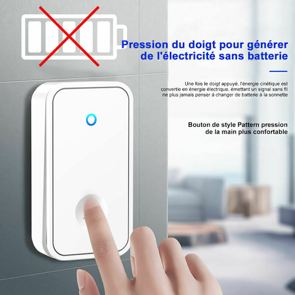 Trådløs Dørklokke med Stikkontakt - Trådløs Uden Batteri, 60 Melodier 5-Niveau Lydstyrke og LED-Blitz, Dørklokke Sæt med 150 Meter, LED-Blitz