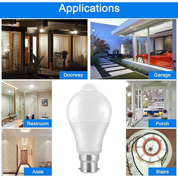 B22 Bajonett LED Rörelsesensor Ljuskälla, 12W, 1020lm, Kallt Vitt 6000K, CIR 85, IP42 Vattentät Energisparande, Icke-Dimbar, Rörelsesensor Glödlampa(2pc