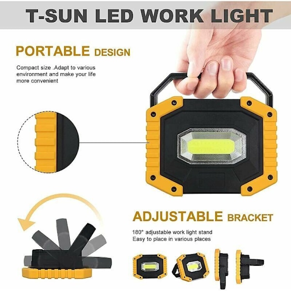 Genopladelig LED-projektør 30W 2000LM T-SUN Byggeplads Projektør Arbejdslys med 4X 18650 Batteri 3 Tilstande Bærbar Lanterne USB LED Projektør