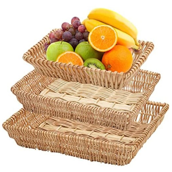 Sett med 3 rektangulære vevde fruktkurver, kurver av rotting, serveringsbrett, oppbevaringskurver av rotting, for snacks, frukt osv.