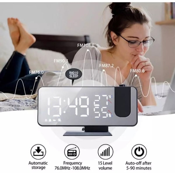 Projektionsväckarklocka, digital LED-väckarklocka med 180° projektion, radioväckarklocka med USB-port, stor LED-skärm, dubbel väckarklocka med snooze-funktion, 4 ljusstyrkor