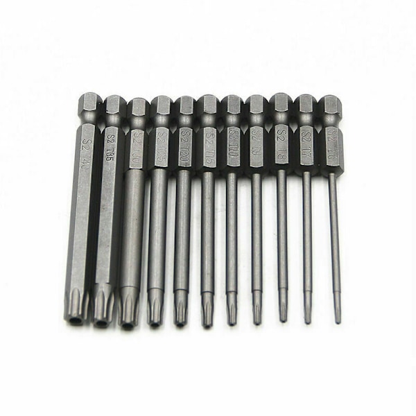 11 pitkän Torx-kärjen sarja ruuvimeisseleille ja sähköruuvimeisseleille - Magneettiset kärjet - 1/4 kuusiokolovarsi - Koot T6 - T40 - Pituus 100 mm