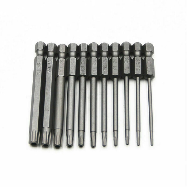 Sett med 11 lange Torx-bits for skrutrekkere og elektriske skrutrekkere - Magnetiske bits - 1/4 sekskantet skaft - Størrelser T6 til T40 - Lengde 100 mm