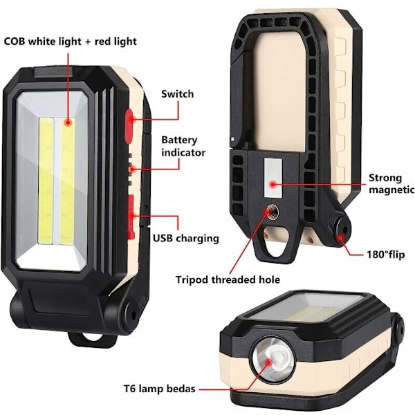 LED Arbejdslys Campinglys Genopladelig LED Spotlight Genopladelig Arbejdslys COB Værkstedslampe Lommelygte med Magnetisk Base til Garage, Ca