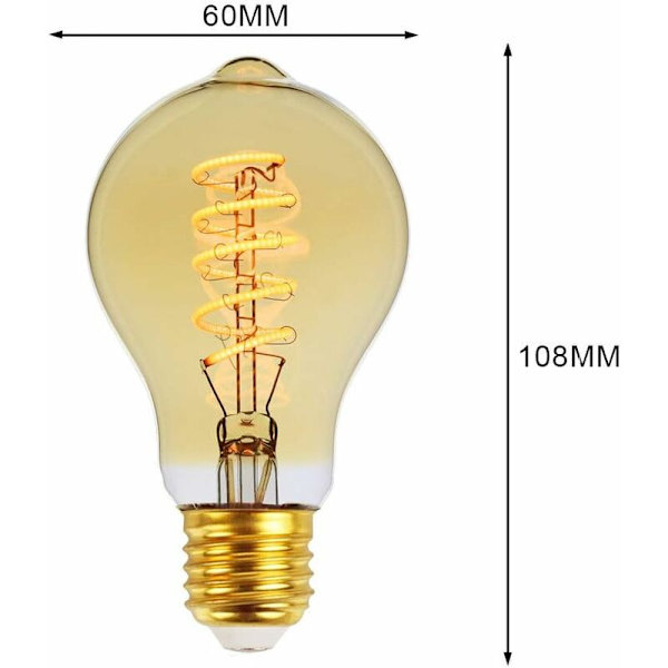 Vintage LED Edison Pære A60 4W 220/240V E27 Amber Spiral LED Filament Pære