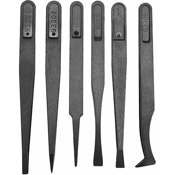 6 stk. Antistatisk pincet i plast, størrelse 1/2/3/5/6/8 (sort)