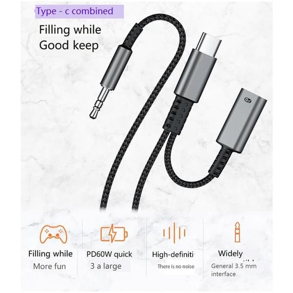 Type C til 3,5 mm lydadapterkabel Bil HiFi lydadapter AUX digital dekoder hovedtelefonstikadapter