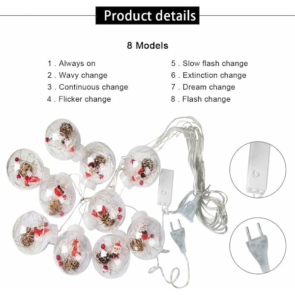Julekulelys med 10 LED-lys, Vanntette Juletrærlys for Utendørs og Innendørs 3x3M Lysstrengkule for Hage