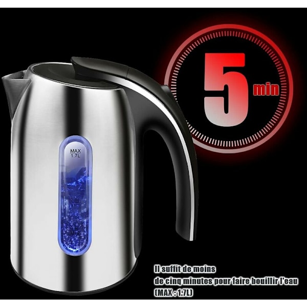 Rustfrit elektrisk kedel i rustfrit stål med LED-belysning, 1,7 liters kapacitet, Rustfrit stål elektrisk kedel, 2200W BPA-fri, Automatisk slukning og anti-kog-tør pro
