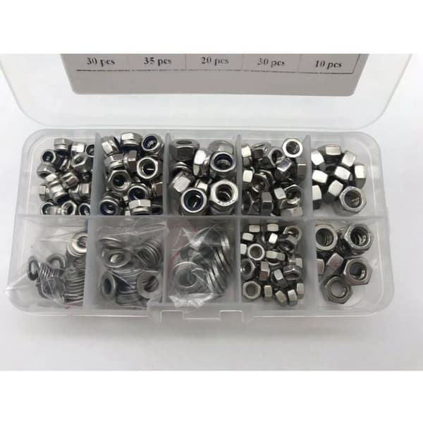 255PCSM4 M5 M6 Nylon låsemutter 304 Rustfritt stål mutter Flat Washer Kit metrisk Hex låsemutter Sett inn låsemutter