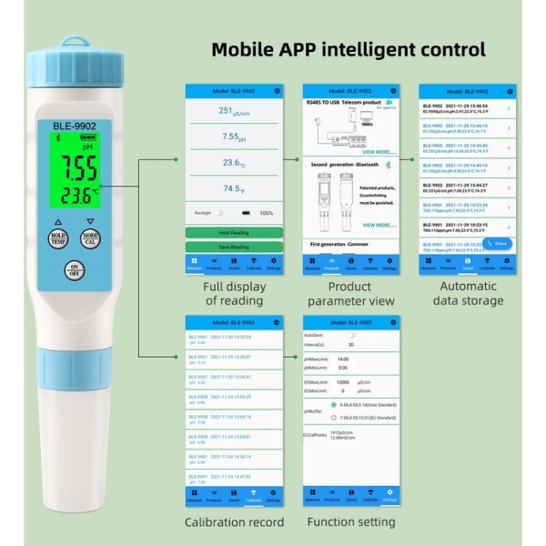 Intelligent PH-tester Bluetooth PH-meter 0,01 PH Høy presisjon PH-kvalitetstester med ATC: 3 i 1 PH EC-temperaturmåler