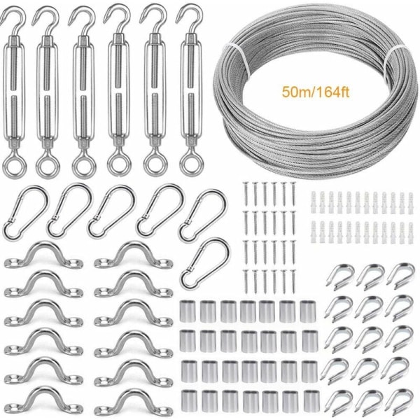 Rustfritt stål tau hengekit, 50M/2mm belagt rustfritt stål kabel, med M5 kabelstrammer og krok, rustfritt stål kabel tilbehør for skinne