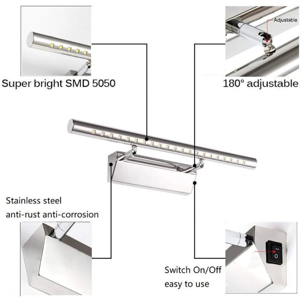 Badeværelsesspejl Lys 5W LED Vægskænkelampe Bordlampe Vandafvisende IP44 Justerbar 180° med Afbryder Rustfrit Stål Belysning Dekoration Vanity To