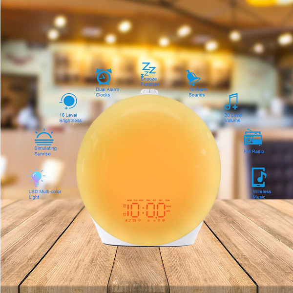 Digital Solopgangsalarmur med RGB-lys, 8 naturlige lyde, 14 lystilstande, FM-radio, solopgangs- og solnedgangssimulation, slumrefunktion