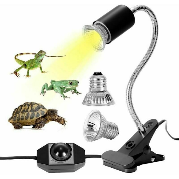 Varmelampe for skilpadder - Reptilvarmelampe med 2 UVA UVB pærer 25W 50W Landskilpaddelampe Lang base 360 ​​rotasjon for skilpadde reptil L