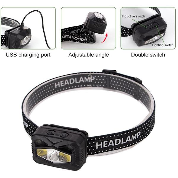 Kevyt ja helppo kantaa LED+COB vedenpitävä USB-ladattava retkeily kalastus pyöräily otsalamppu taskulamppu