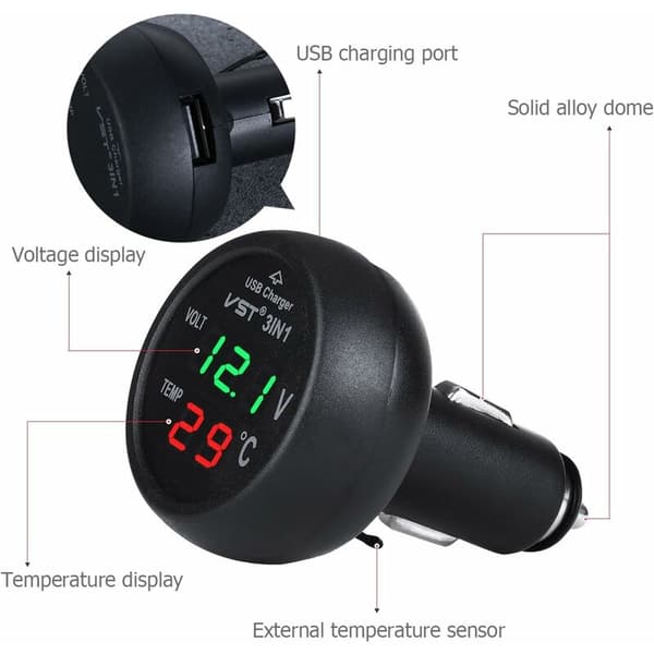 12-24V Billader Stik med USB Port/Voltmeter/Termometer til Biler (Grøn+Rød)