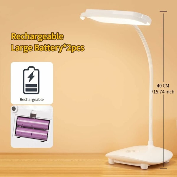 USB Laddningsbar Skrivbordslampa - 3200mAh Batteri - 40 LED - Touch Läslampa för Barn - 3 Färger - 6 Dimbara Lägen - Sänglampa