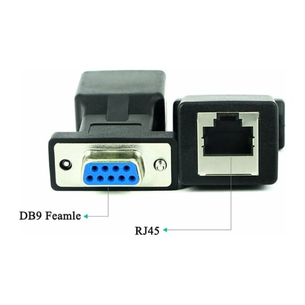 RJ45 til RS232, DB9 seriell port 9-pin hann til RJ45 hunn Cat5e/6 Ethernet/LAN utvide adapter (hunnhode)