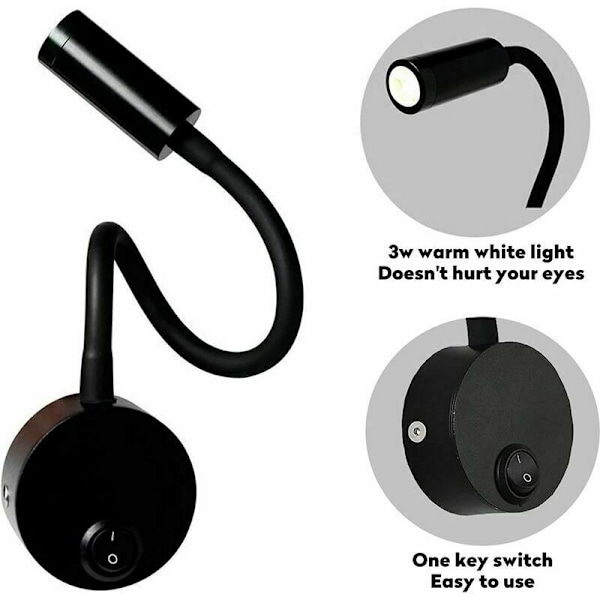 2-delt Sort 3W Vægreolæsningslampe, Fleksibelt Justerbar Halslys Aluminium Skrivebordslampe, Natlampe med Afbryder LED Øjenpleje (Varmt Hvidt)