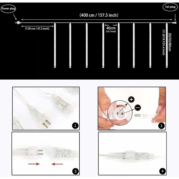 (Hvid) Meteor Regn Lys 80cm 10 Rør 720 LED Meteor Regn Lys Regnbruser Lys Korrosionsbestandig til Bryllup, Fest, Have Træ H