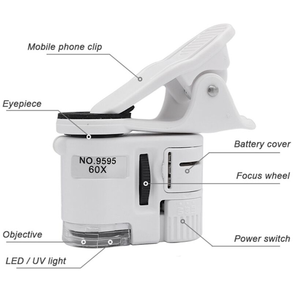 Universal 60X Zoomkamera med LED-lampa ABS Telefon Mini Bärbar Fickmikroskop för Mobila Smartphones