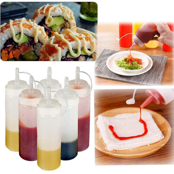(6-pak) 250 ml Plastik Klemflasker med Låg - Perfekte Måleflasker og Saucedispensere til Ketchup, Mayo, BBQ Sauce - Gennemsigtige Flasker til Co