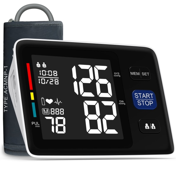Automatisk digital blodtrykksmåler - Justerbar stor mansjett, bakgrunnsbelyst skjerm blodtrykksmaskin - Med bæreveske til hjemmet (svart)