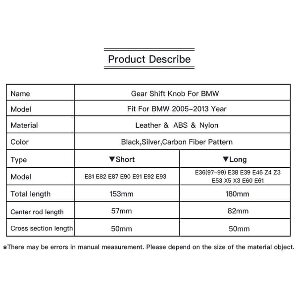 Car Fiber Gear Shift Knob Fit for E36 E38 E39 E46 Z4 Z3 E53 X5 X3 E60 E61 Lang Skaft Gearstang
