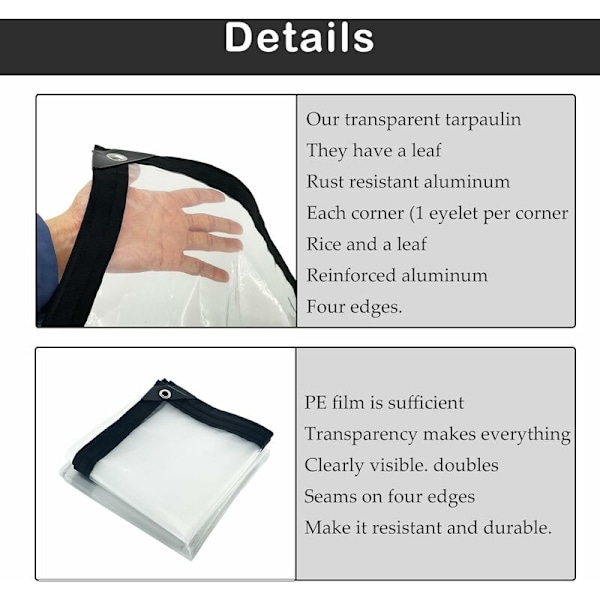Gjennomsiktig vanntett presenning med øyemottak, gjennomsiktig vanntett presenning, laget av værbestandig polyetylen (3x3m)