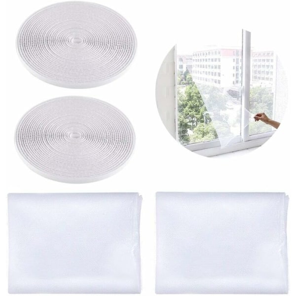 Myggnätsfönster - Paket med 2 antiinsektsfönster med 2 självhäftande kardborreband - myggnätsfönster - myggnät (1,3 x 1,5 m, vitt), Fe
