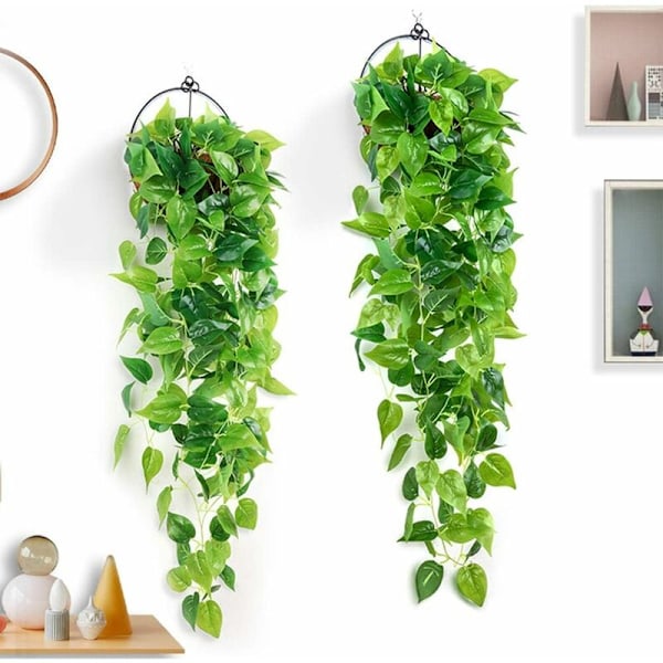 2 stycken konstgjorda hängande växter, 90cm falsk murgröna hängande gröna Scindapsus blad för heminredning